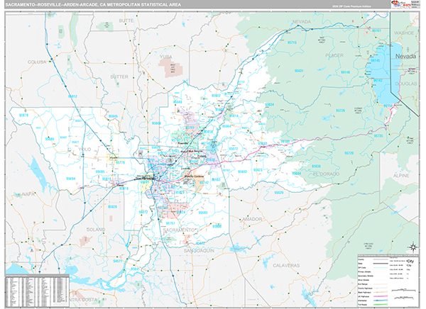 Sacramento-Roseville-Arden-Arcade, CA Metro Area Wall Map